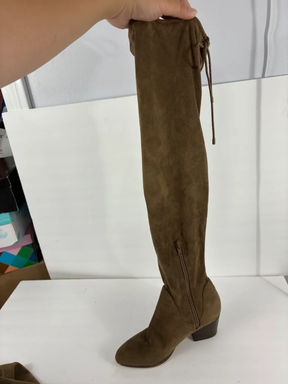Aldo Over the Knee Boots 6 Faux Suede Sock Stretch Taupe Brown Heeled Almond Toe